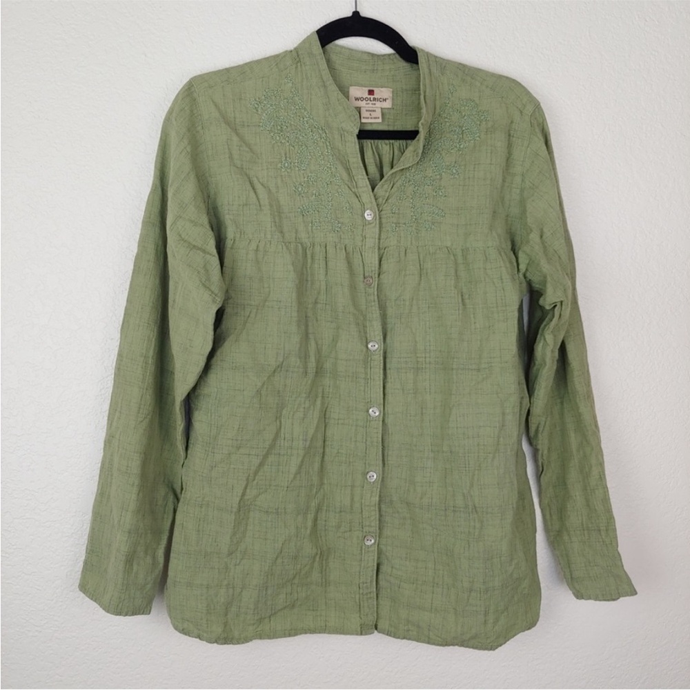 Woolrich 100% Cotton Embroidered Blouse Large | Sage Green Cottagecore Top
